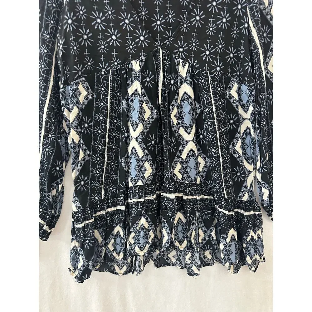 Free People Down by The Bay Tunic Top S Black Boho Flowy